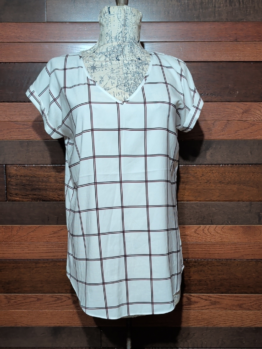 Express White Windowpane V-Neck Blouse